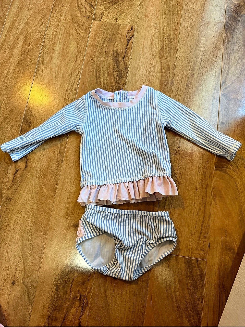 RuffleButts Blue Stripe Long Sleeve Rash Guard 2-Piece Swimsuit
